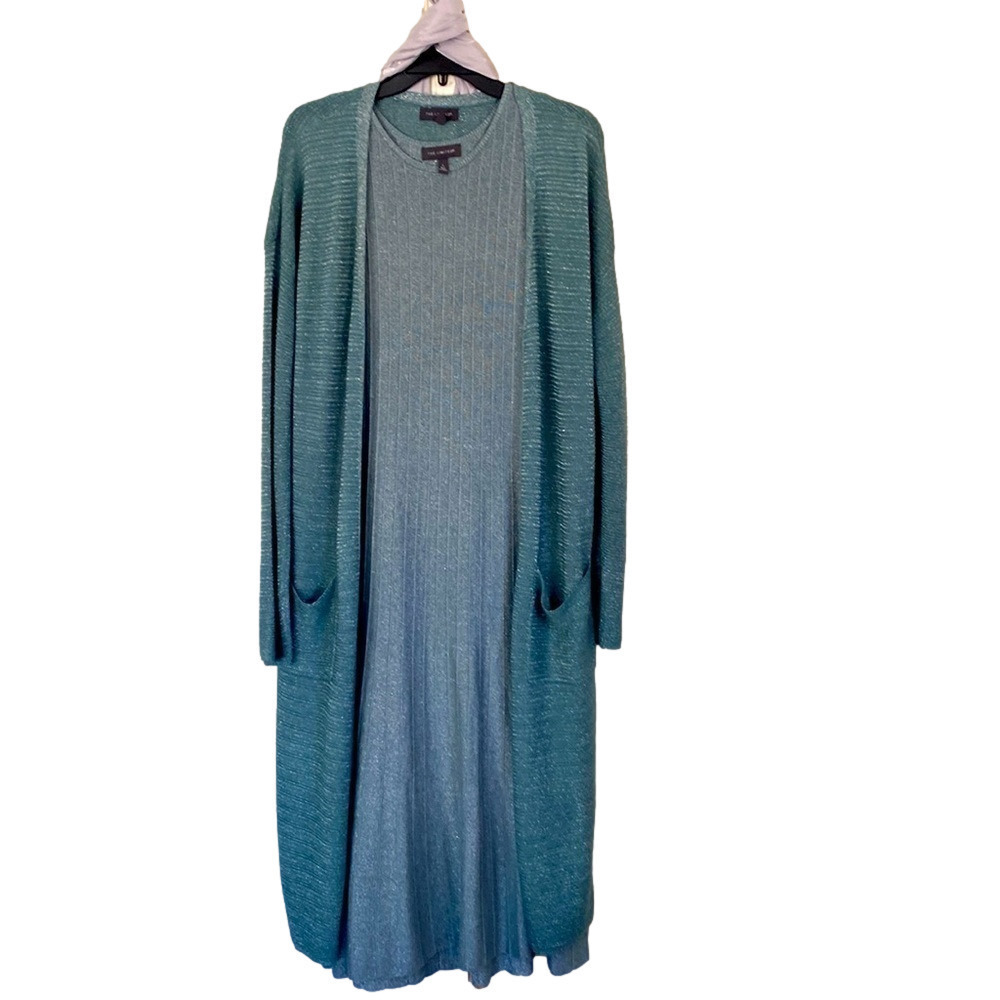 Metallic Midi Knit Duster Metallic Teal Green + Dress BOGO SALE ! 2 Piece Set
